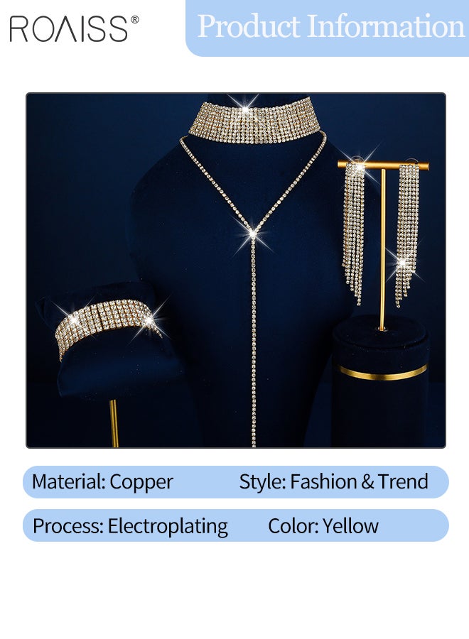 رويس مجموعة مجوهرات من 4 قطع مرصعة بأحجار الراين للنساء، قلادة ذهبية متعددة الطبقات على شكل حرف Y طويلة مزينة بشراشيب وأقراط بسلسلة من الشرابة وسوار عريض لامع، إكسسوار رائع للحفلات وحفلات الزفاف، مثالي كهدايا للعطلات - Image 2