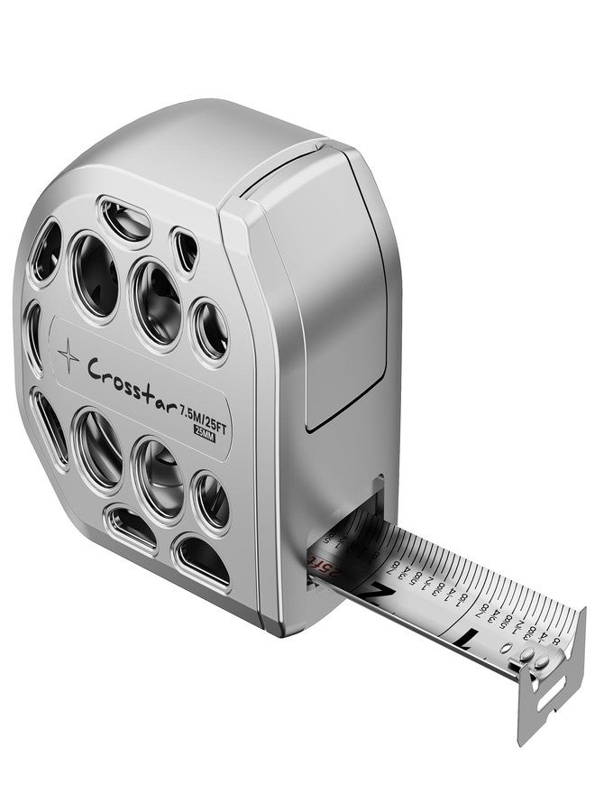 Crosstar 25FT Self-Locking Stainless Steel Tape Measure with Dual-Sided Graduations Retractable Waterproof Measuring Tape Durable Hollow Design Easy-Clean Construction for Home Industrial Woodworking
