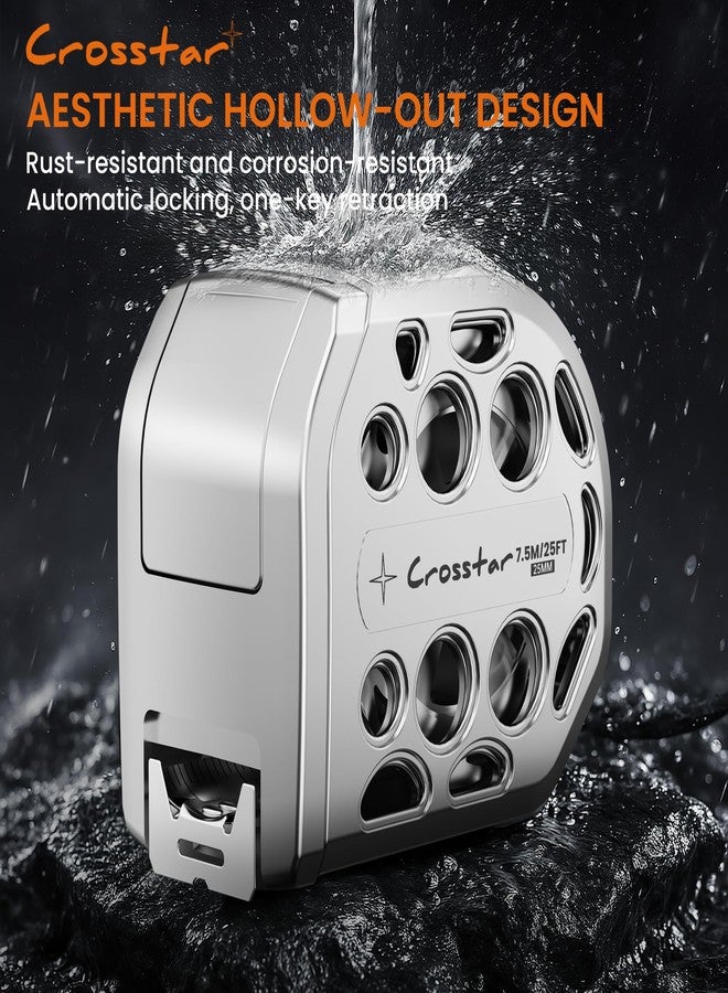 Crosstar 25FT Self-Locking Stainless Steel Tape Measure with Dual-Sided Graduations Retractable Waterproof Measuring Tape Durable Hollow Design Easy-Clean Construction for Home Industrial Woodworking - Image 3