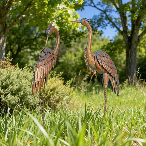 Ultym 45.3" Tall Extra Large Metal Crane Decor, Handcrafted Distressed Bronze Heron Sculpture with 4-Piece Secure Ground Stakes, Vintage Charm Outdoor Garden Statue Yard Art for Patio & Backyard Decor - Image 1