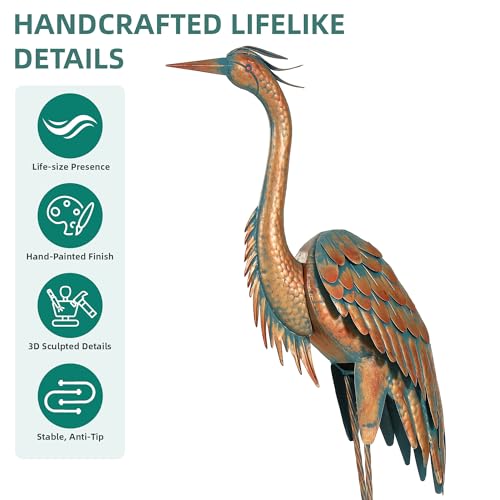 Ultym 45.3" Tall Extra Large Metal Crane Decor, Handcrafted Distressed Bronze Heron Sculpture with 4-Piece Secure Ground Stakes, Vintage Charm Outdoor Garden Statue Yard Art for Patio & Backyard Decor - Image 4