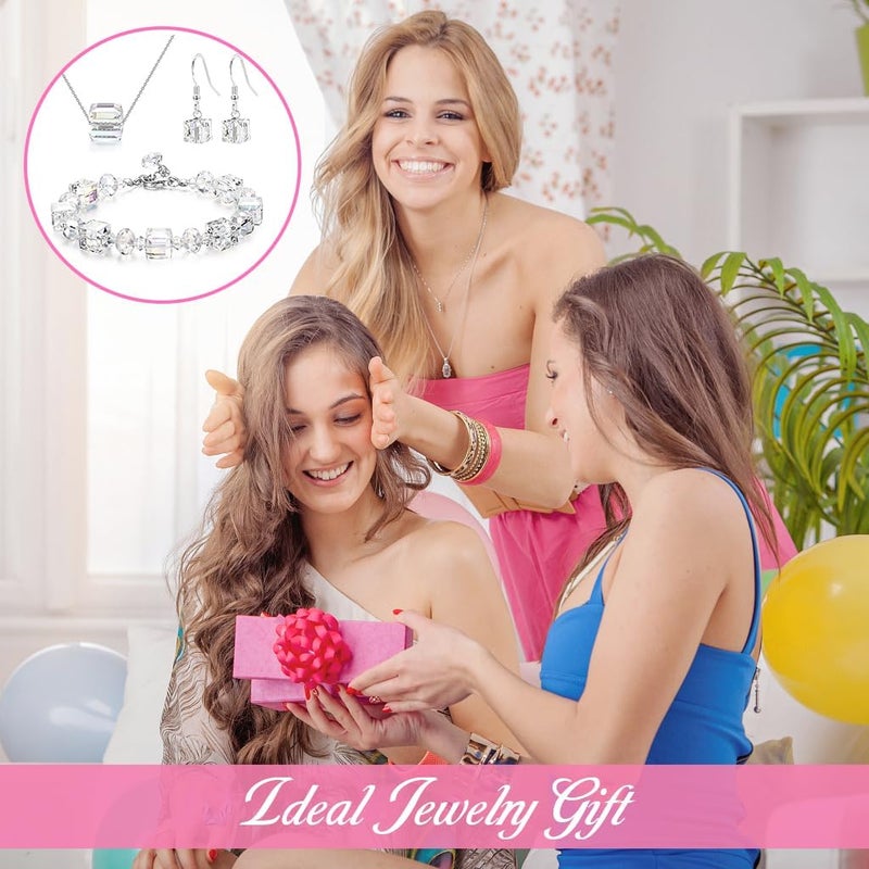 HANNEA® BrandName Silver Crystal Cube Jewelry Set for Women, Includes Pendant Necklace, Bracelet, and Earrings, Elegant Simple Gift for Mother's Day, Anniversary, Birthday - Image 5