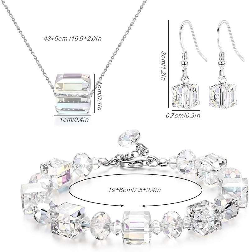 HANNEA® BrandName Silver Crystal Cube Jewelry Set for Women, Includes Pendant Necklace, Bracelet, and Earrings, Elegant Simple Gift for Mother's Day, Anniversary, Birthday - Image 2
