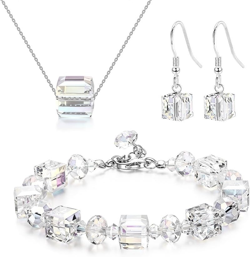 HANNEA® BrandName Silver Crystal Cube Jewelry Set for Women, Includes Pendant Necklace, Bracelet, and Earrings, Elegant Simple Gift for Mother's Day, Anniversary, Birthday - Image 1