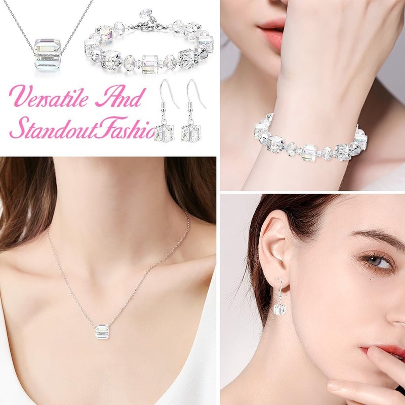HANNEA® BrandName Silver Crystal Cube Jewelry Set for Women, Includes Pendant Necklace, Bracelet, and Earrings, Elegant Simple Gift for Mother's Day, Anniversary, Birthday - Image 3