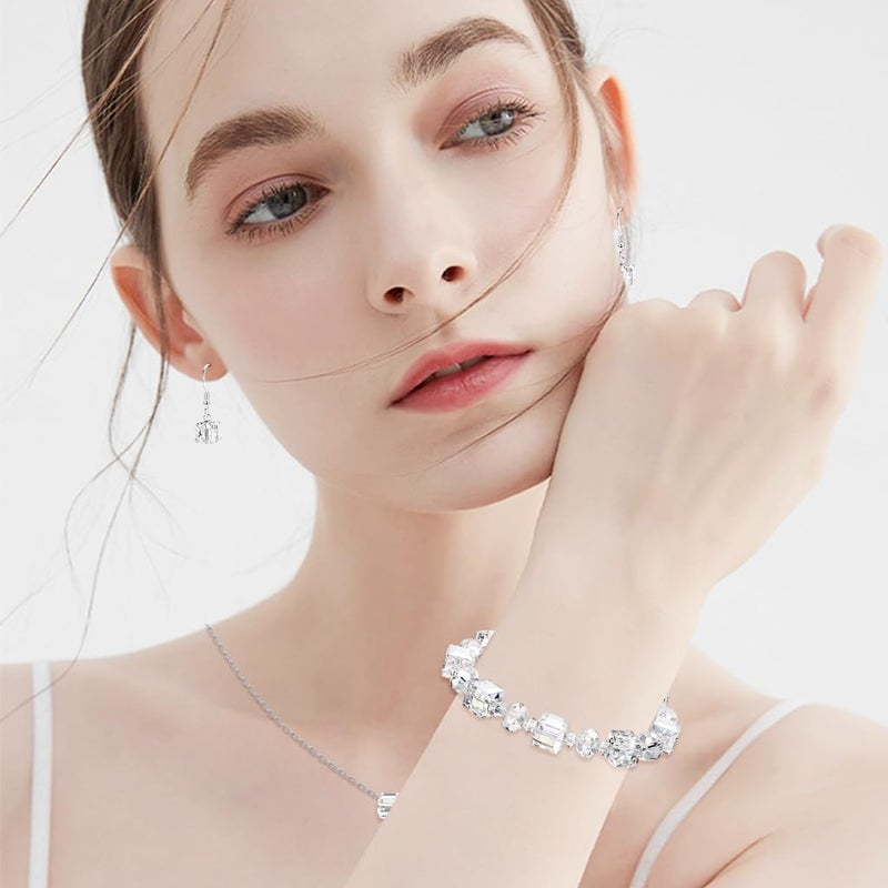HANNEA® BrandName Silver Crystal Cube Jewelry Set for Women, Includes Pendant Necklace, Bracelet, and Earrings, Elegant Simple Gift for Mother's Day, Anniversary, Birthday - Image 4