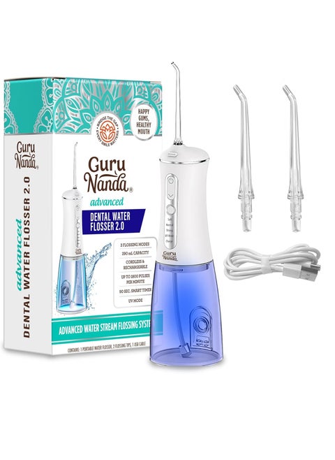 GuruNanda Advanced Dental Water Flosser 2.0 with UV Mode - Cordless and Portable - 290 ml Water Tank, 3 Modes, Rechargeable for Healthy Teeth and Gums
