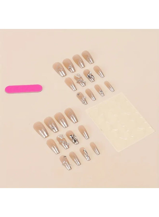 يوكانبي مجموعة 24 قطعة من أظافر تركيب طويلة مربعة بلون نيود مزينة بفراشات ولؤلؤ وبريق لامع - Image 4
