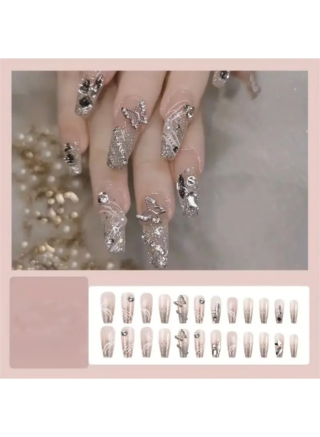 يوكانبي مجموعة 24 قطعة من أظافر تركيب طويلة مربعة بلون نيود مزينة بفراشات ولؤلؤ وبريق لامع - Image 1