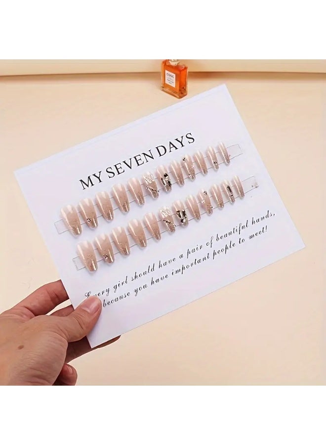 يوكانبي مجموعة 24 قطعة من أظافر تركيب طويلة مربعة بلون نيود مزينة بفراشات ولؤلؤ وبريق لامع - Image 5