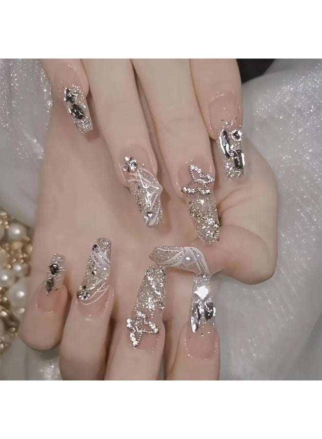 يوكانبي مجموعة 24 قطعة من أظافر تركيب طويلة مربعة بلون نيود مزينة بفراشات ولؤلؤ وبريق لامع - Image 2