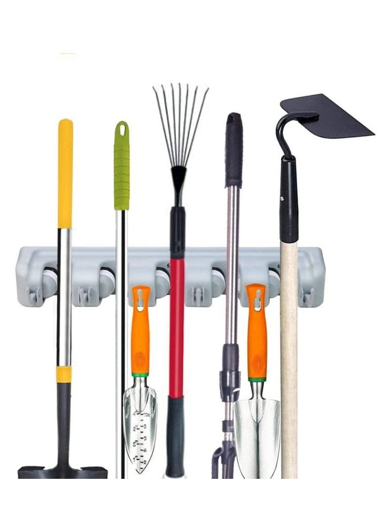 Mop Broom Holder, Garden Tools Wall Mounted Commercial Organizer Saving Space Storage Rack For Kitchen Garden And Garage,Laundry Offices5 Position With 6 Hooks - Image 2