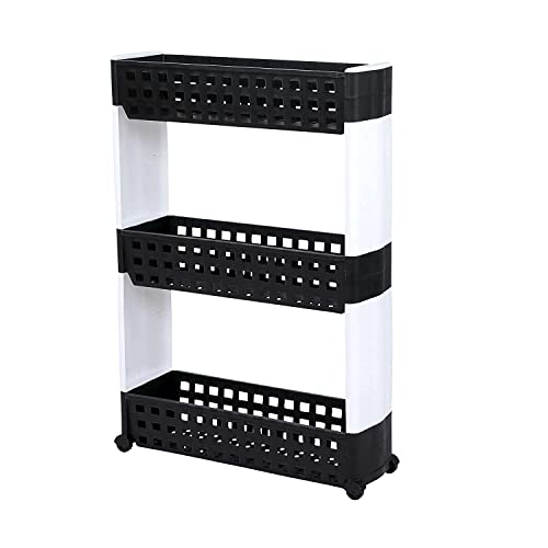 VISHVA 3 Layer Black&White Slim Multipurpose Floor Mount Kitchen Storage Slim Rack,Bathroom and Closet Shelves,with Wheels for Home,Office,Bedroom and Bathroom Plastic Stand - Image 1