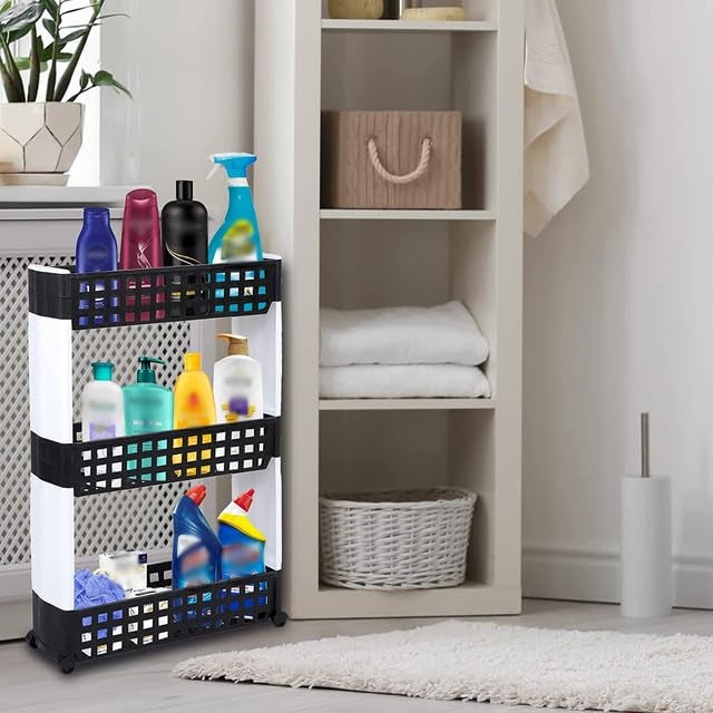 VISHVA 3 Layer Black&White Slim Multipurpose Floor Mount Kitchen Storage Slim Rack,Bathroom and Closet Shelves,with Wheels for Home,Office,Bedroom and Bathroom Plastic Stand - Image 3