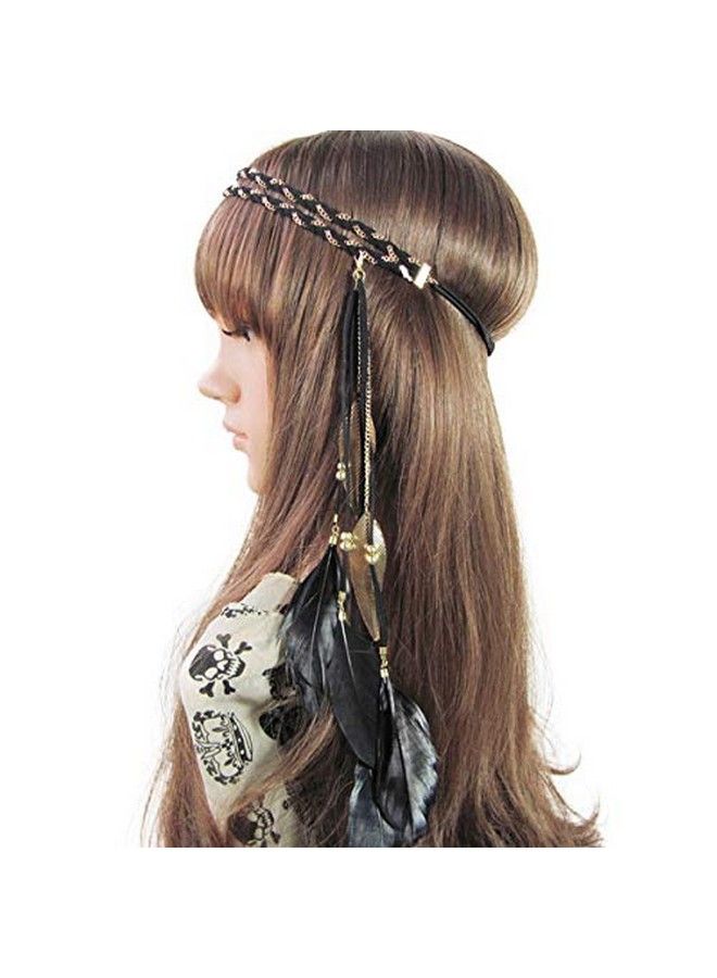 Song Qing Women Feather Leaf Tassels Braided Hippie Headband Hair Accessories  - Image 1