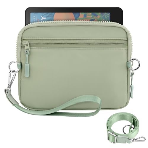 Dadanism 6-7 Inch Protective Padded Sleeve Bag Carrying Case with Shoulder & Wristlet Strap for 7" Kindle Paperwhite/Kindle Colorsoft, 6" Kindle/Kobo Clara Colour, with RFID Blocking Card Slot, Sage - Image 1