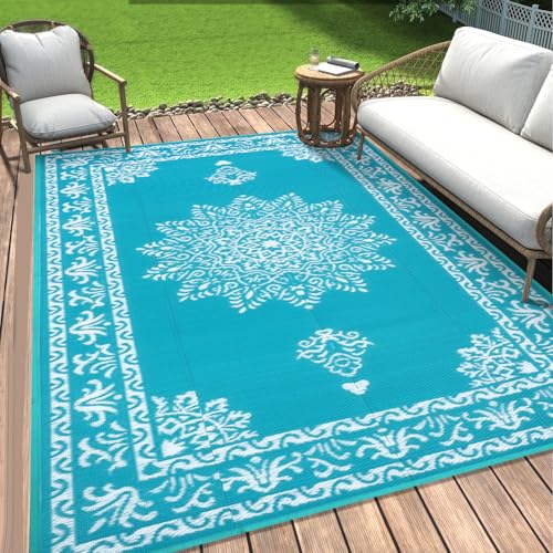 Yamaziot Outdoor Rug 5x8 Ft Waterproof Plastic Straw Patio Rug Reversible Backyard Carpet UV Resistant Portable RV Mat Clearance Large Indoor Outdoor Rug for Patio Porch Deck Balcony Teal - Image 3