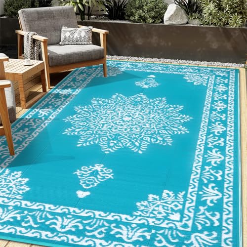 Yamaziot Outdoor Rug 5x8 Ft Waterproof Plastic Straw Patio Rug Reversible Backyard Carpet UV Resistant Portable RV Mat Clearance Large Indoor Outdoor Rug for Patio Porch Deck Balcony Teal - Image 1