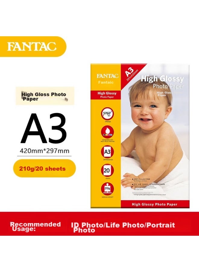 Fantac High Gloss Photo Paper, A3 Size, 210g, Color Inkjet Printing Photo Paper, 20 Sheets, 9895-237 - Image 1