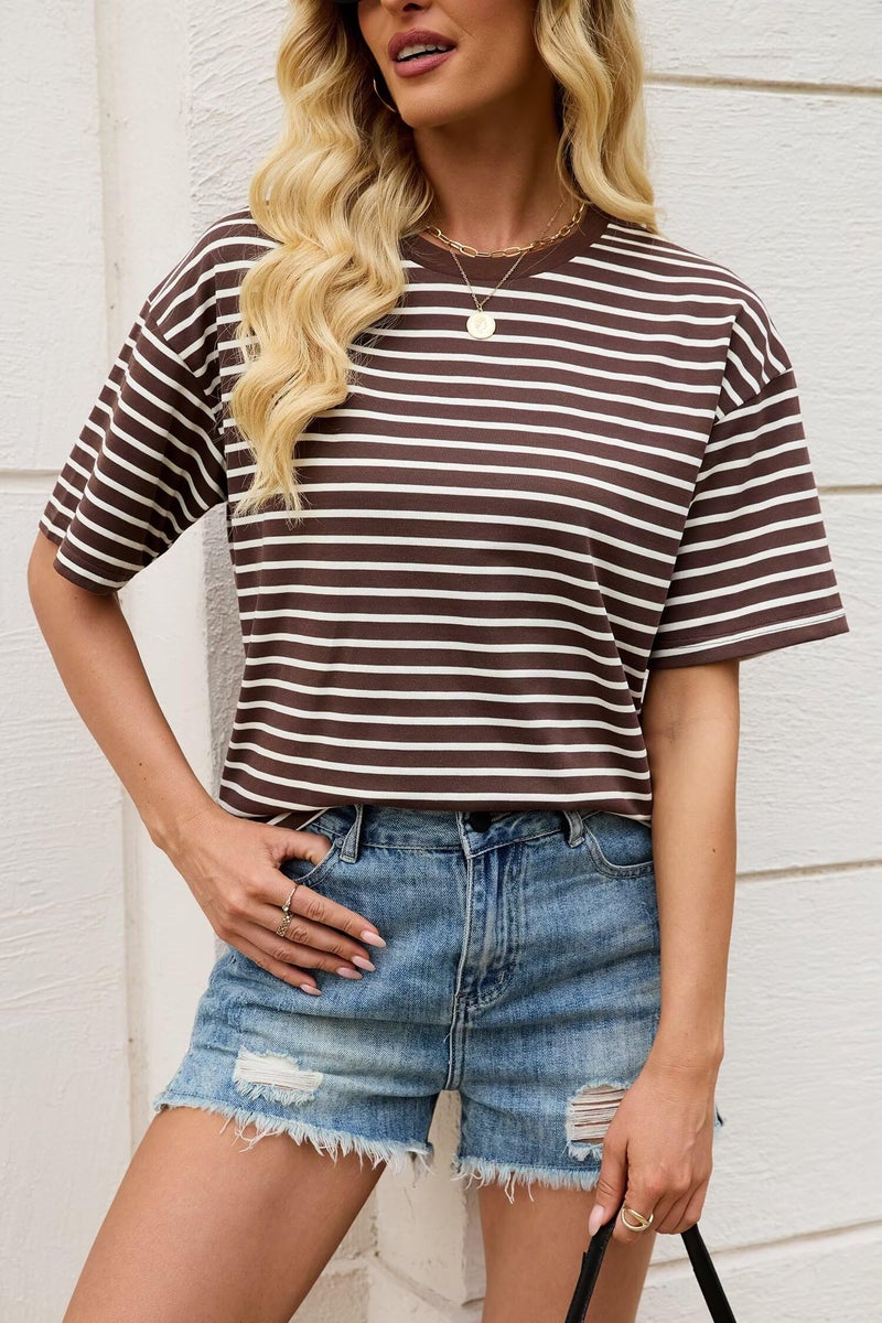 Allimy Womens Summer Tops Blouses Cute Short Sleeve Striped Cotton Crop Tops Business Casual Outfits Oversized Tshirts Shirts for Women 2026 Trendy Plain T Shirts Brown M - Image 3