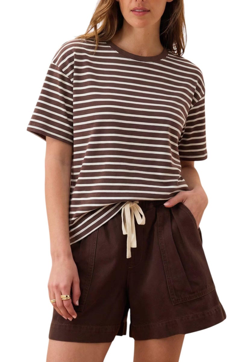 Allimy Womens Summer Tops Blouses Cute Short Sleeve Striped Cotton Crop Tops Business Casual Outfits Oversized Tshirts Shirts for Women 2026 Trendy Plain T Shirts Brown M - Image 1