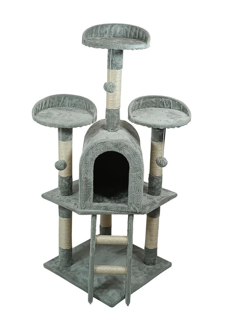أن ان سي بيتس شجرة قطط متعددة المستويات، مجاثم منحنية، عمود خدش من السيزال، كرات متدلية، شقة واسعة للقطط، وسلم للتسلق، مركز أنشطة شجرة قطط متين للقطط الداخلية، سهل التجميع 125 سم (رمادي) - Image 1