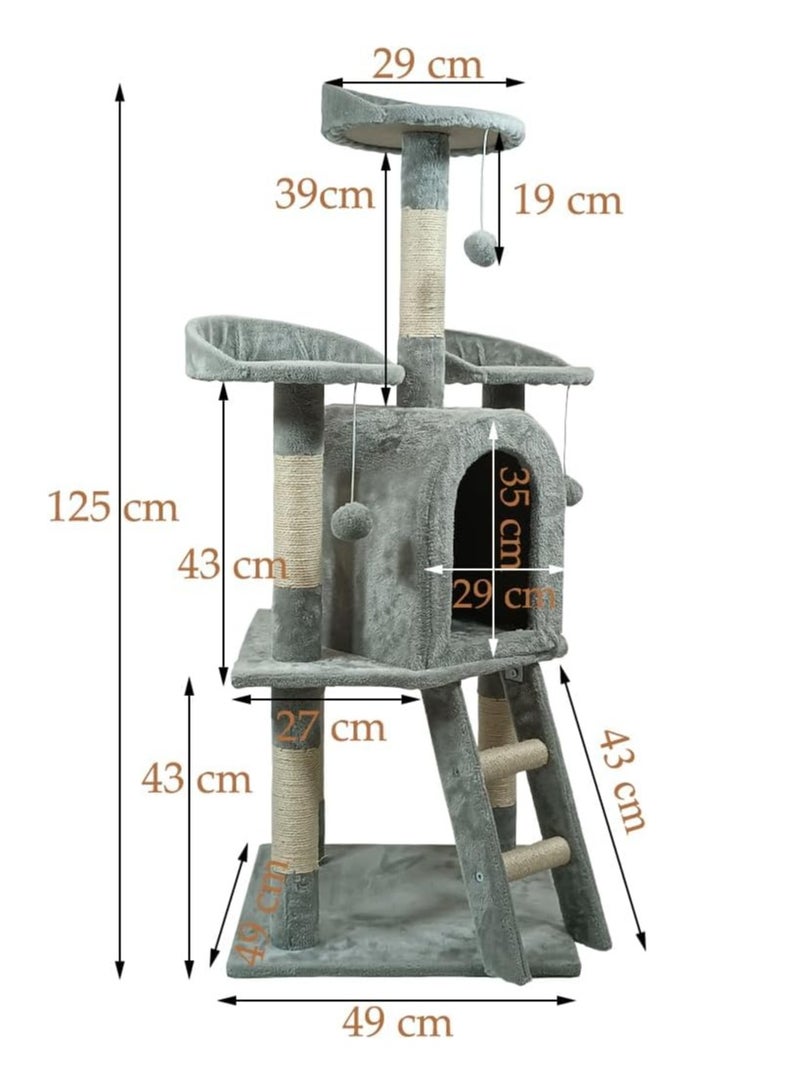 أن ان سي بيتس شجرة قطط متعددة المستويات، مجاثم منحنية، عمود خدش من السيزال، كرات متدلية، شقة واسعة للقطط، وسلم للتسلق، مركز أنشطة شجرة قطط متين للقطط الداخلية، سهل التجميع 125 سم (رمادي) - Image 2