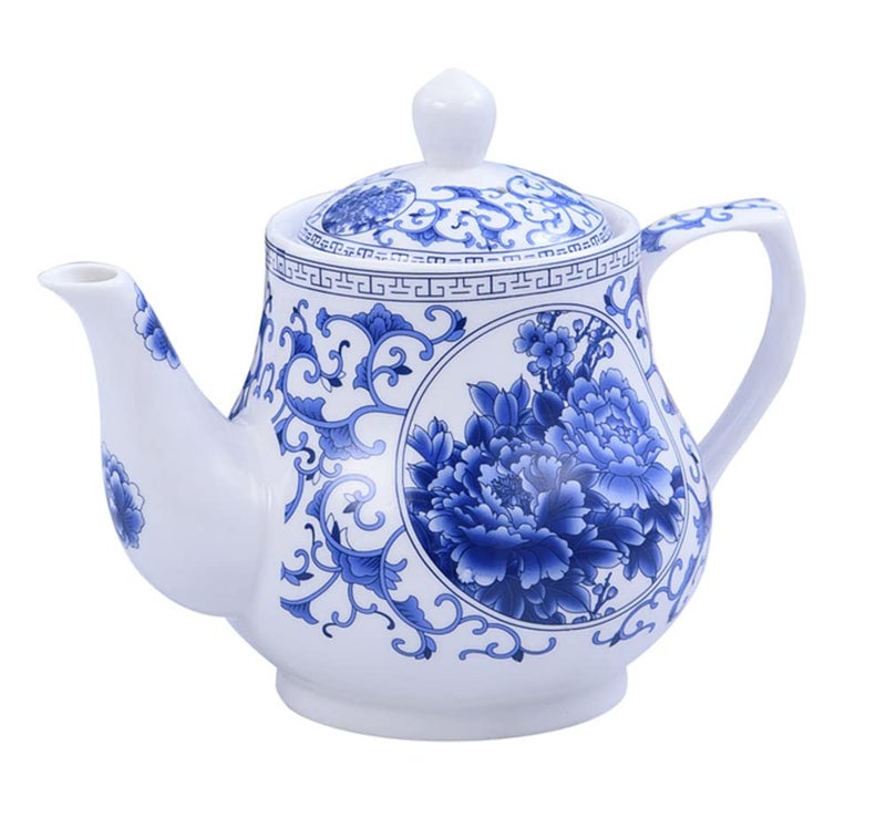 123Arts Teapot Blue and White Teapot Ceramic Tea Pot Tea Pot for Home Office 26 Oz