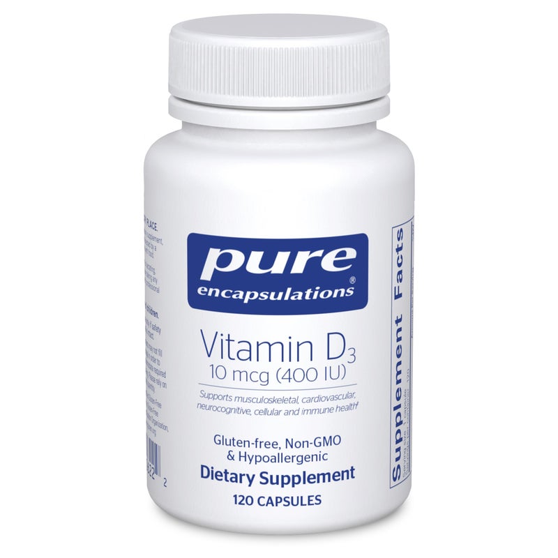 Pure Encapsulations Vitamin D3 10 mcg 400 IU Hypoallergenic Support for Bone Breast Cardiovascular Colon and Immune Health 120 Capsules