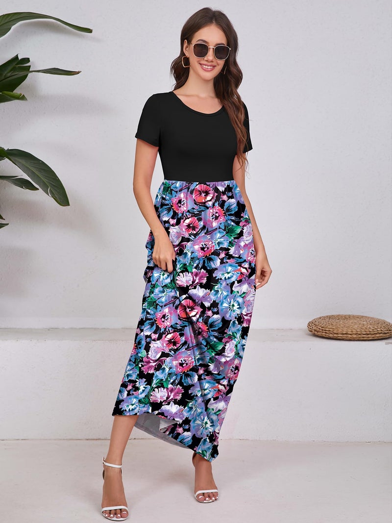 DEARCASE Women Floral Maxi Dress Flower Purple Blue X-Large Round Neck Boho Short Sleeve Sundresses A-line Casual Hawaiian Flowy Party Vintage Spring Summer Vacation Beach Long Dresses with Pockets - Image 4