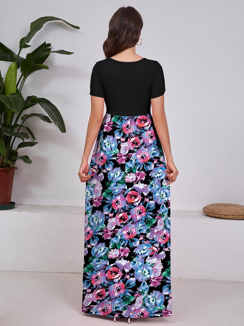 DEARCASE Women Floral Maxi Dress Flower Purple Blue X-Large Round Neck Boho Short Sleeve Sundresses A-line Casual Hawaiian Flowy Party Vintage Spring Summer Vacation Beach Long Dresses with Pockets - Image 2