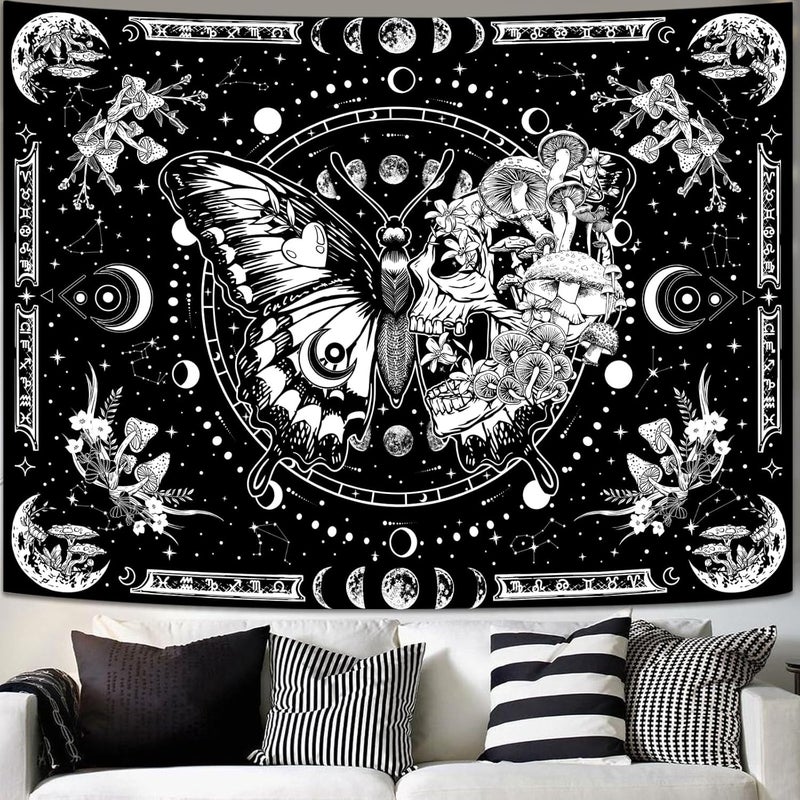 Fungarth Butterfly Tapestry Black and White Skull Mushroom Tapestries Skeleton Botanical Aesthetic Hippie Tapestry Wall Hanging for Bedroom Living Room Dorm (Black, 90” x 68”) - Image 1
