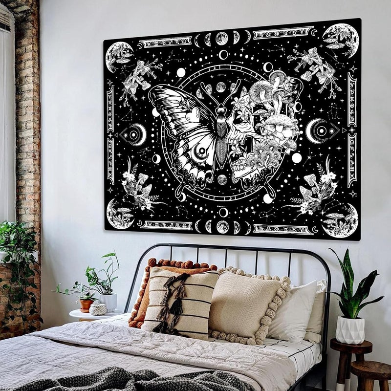 Fungarth Butterfly Tapestry Black and White Skull Mushroom Tapestries Skeleton Botanical Aesthetic Hippie Tapestry Wall Hanging for Bedroom Living Room Dorm (Black, 90” x 68”) - Image 4