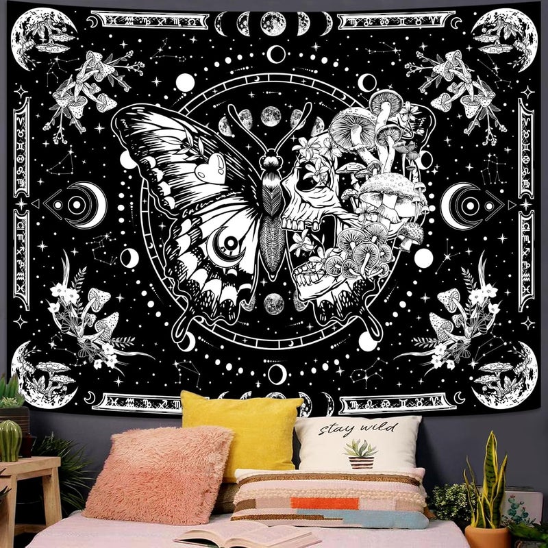 Fungarth Butterfly Tapestry Black and White Skull Mushroom Tapestries Skeleton Botanical Aesthetic Hippie Tapestry Wall Hanging for Bedroom Living Room Dorm (Black, 90” x 68”) - Image 2