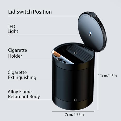 Tmengdao Ashtray with Lid Smell Proof,Smokeless Ashtray for Cup Holder,Cigar Ash Tray,Detachable Stainless Steel Car Ash Tray with LED Auto Light, for Most Car, Office, Home (Black) - Image 5
