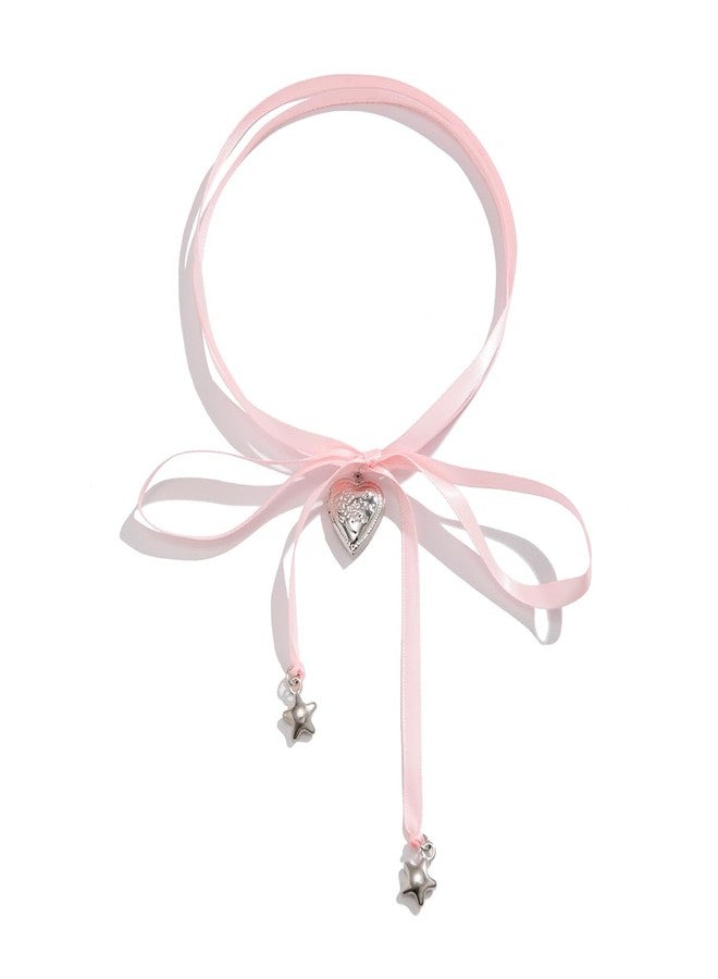 KURTCB Pearl Ribbon Bow Choker Necklaces Y2k Coquette Pearl Necklace with Heart Bow Necklace for Women, 13.0 inch plus 2.4, simulated pearl ribbon Zinc, No Gemstone - Image 1