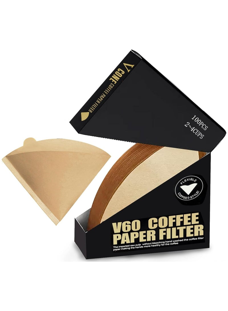 Oasisgalore 100-Pack V-Shaped Unbleached Paper Coffee Filters for V60 Coffee Maker - Disposable Cone Drip (2-4 Servings) - Image 1