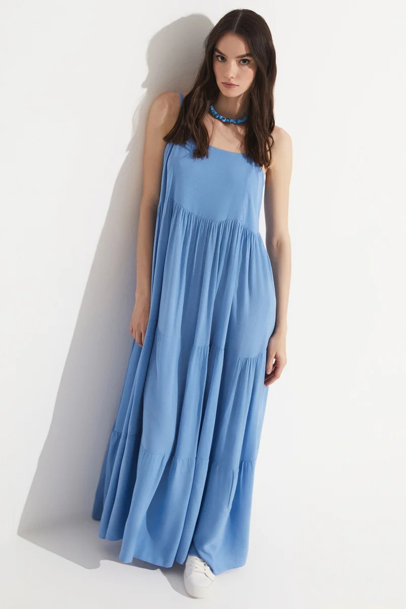 جون Women's 100% Viscose Flounce Thin Strap Maxi Woven Dress