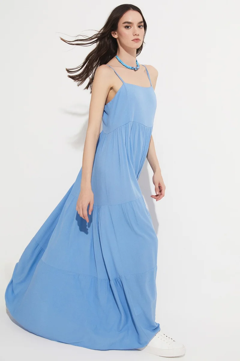 جون Women's 100% Viscose Flounce Thin Strap Maxi Woven Dress