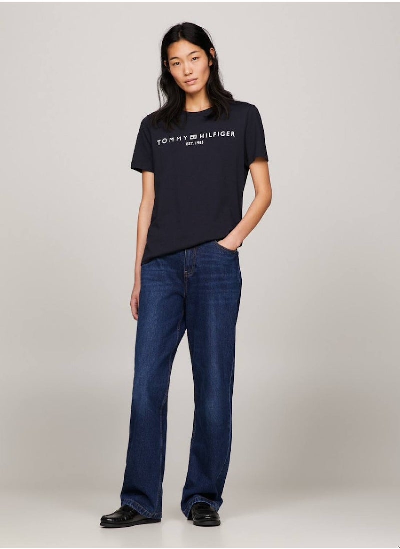 TOMMY HILFIGER Women's Curve Signature Logo Flag T-Shirt -  Pure cotton jersey, Navy Blue  - Image 1