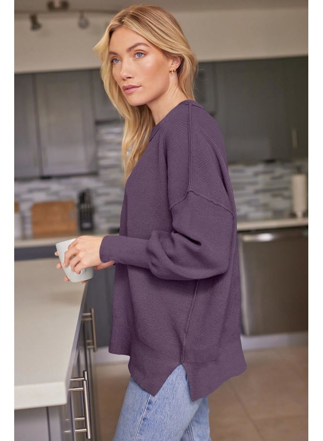 LILLUSORY Women's Oversized Batwing Sweaters 2025 Fall Outfits Trendy Crewneck Knit Side Slit Fashion Pullover Tops, Lavender, S - Image 3