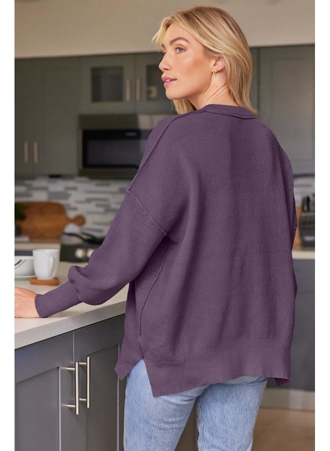 LILLUSORY Women's Oversized Batwing Sweaters 2025 Fall Outfits Trendy Crewneck Knit Side Slit Fashion Pullover Tops, Lavender, S - Image 4