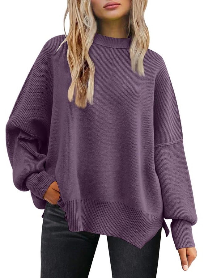 LILLUSORY Women's Oversized Batwing Sweaters 2025 Fall Outfits Trendy Crewneck Knit Side Slit Fashion Pullover Tops, Lavender, S - Image 1