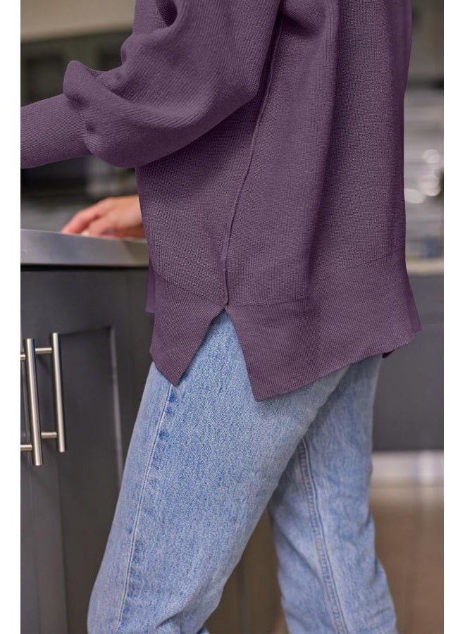 LILLUSORY Women's Oversized Batwing Sweaters 2025 Fall Outfits Trendy Crewneck Knit Side Slit Fashion Pullover Tops, Lavender, S - Image 5