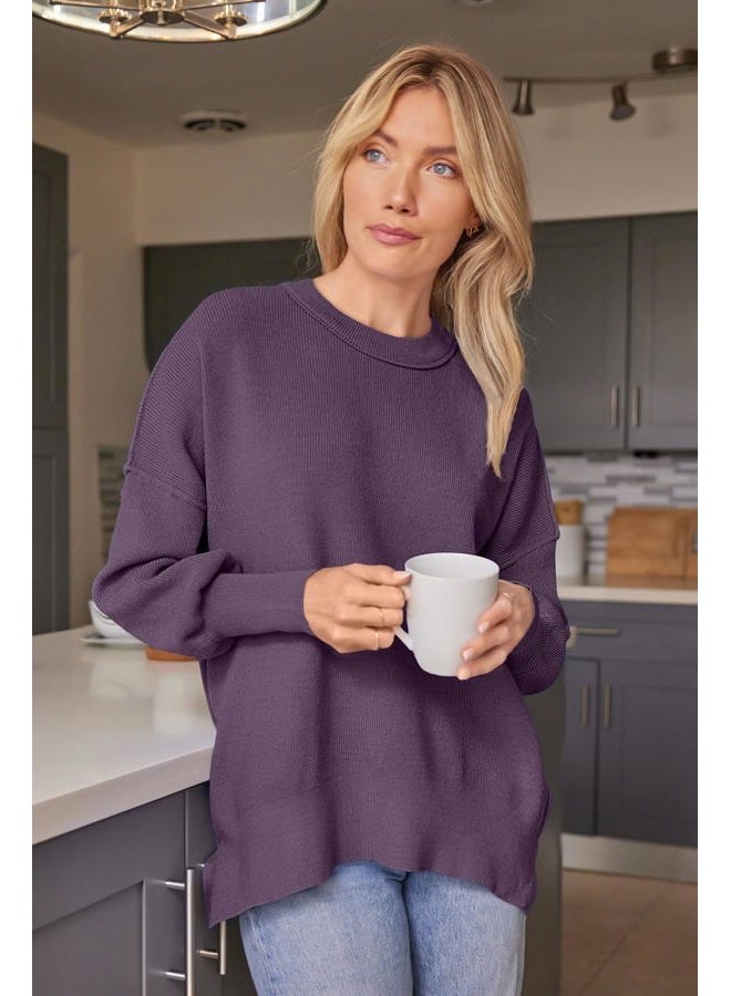 LILLUSORY Women's Oversized Batwing Sweaters 2025 Fall Outfits Trendy Crewneck Knit Side Slit Fashion Pullover Tops, Lavender, S - Image 2