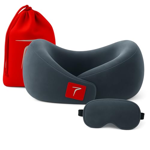 Trajectory Travel Neck Pillow Memory Foam with Eye Mask and Carry Bag 3in1 Combo for Sleeping in Airplane Flight, Cab, Car, Train, Bus for Men and Women Grey(As seen on Shark Tank) - Image 1