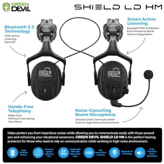 GREEN DEVIL Hard Hat Safety Helmet With Visor Bluetooth Ear Muffs And Headlamp 5 In 1 Full Protection Vented Work Hardhat Ansi Z89.1 Cascos De Construccion For Industrial Construction Forestry - Image 3