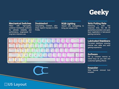 Geeky GK65 SE 65% | Mechanical Gaming Keyboard | 68 Keys Multi Color RGB LED Backlit for PC/Mac Gamer | ANSI US American Layout (White, Mechanical Speed Yellow) - Image 2