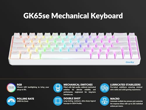 Geeky GK65 SE 65% | Mechanical Gaming Keyboard | 68 Keys Multi Color RGB LED Backlit for PC/Mac Gamer | ANSI US American Layout (White, Mechanical Speed Yellow) - Image 4