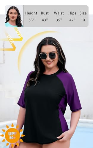 Halcurt Women's Plus Size Rash Guard Short Sleeve Swim Shirt with Built in Bra UPF50+ Sun Protection Swimsuit Top Black Purple Built in Bra 4X - Image 4